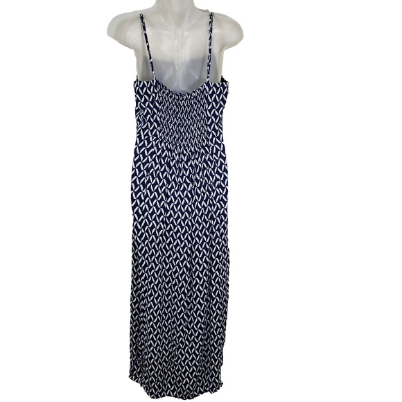 Banana Republic Dress Medium Slit Midi Navy Spaghetti Straps Smocking Geometric - Picture 2 of 12